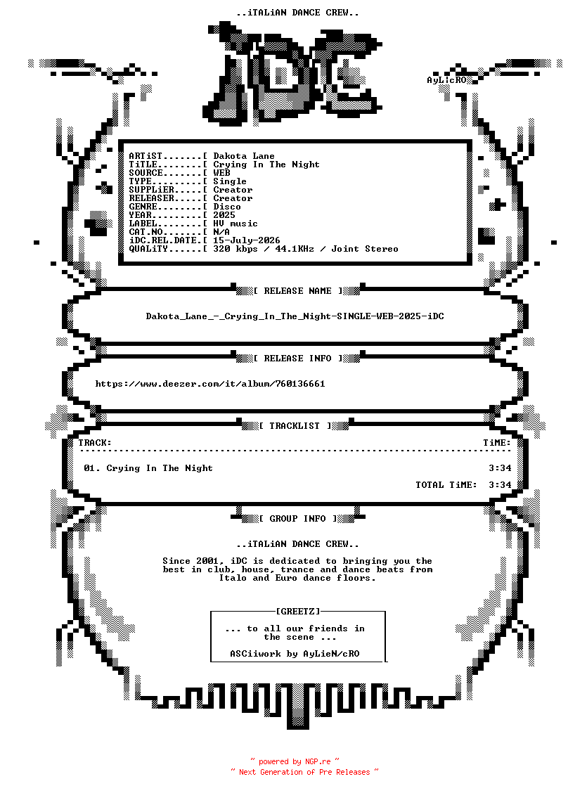 NFO for the release Dakota_Lane_-_Crying_In_The_Night-SINGLE-WEB-2025-iDC by iDC