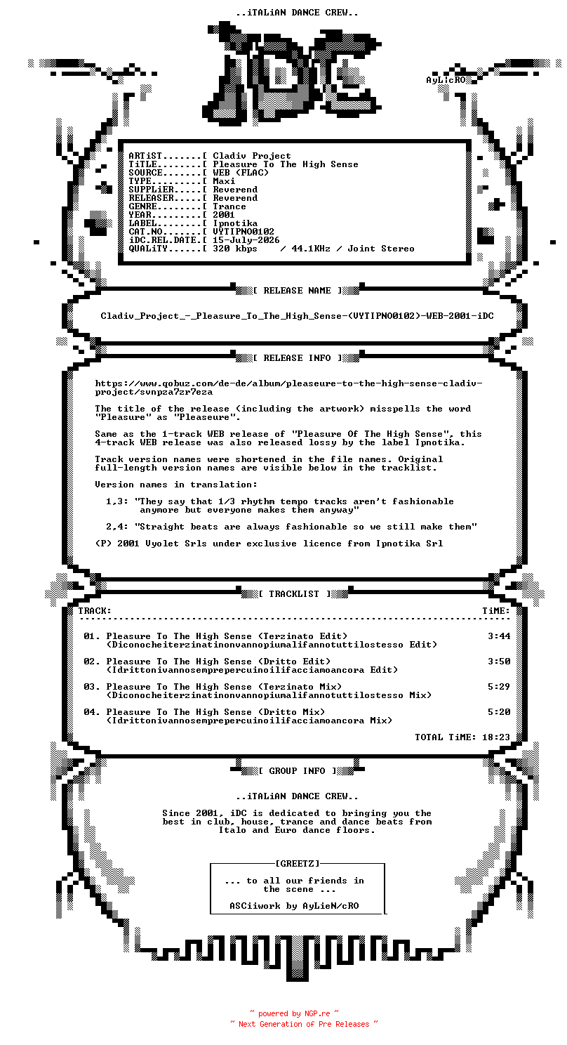 NFO for the release Cladiv_Project_-_Pleasure_To_The_High_Sense-(VYTIPNO0102)-WEB-2001-iDC by iDC