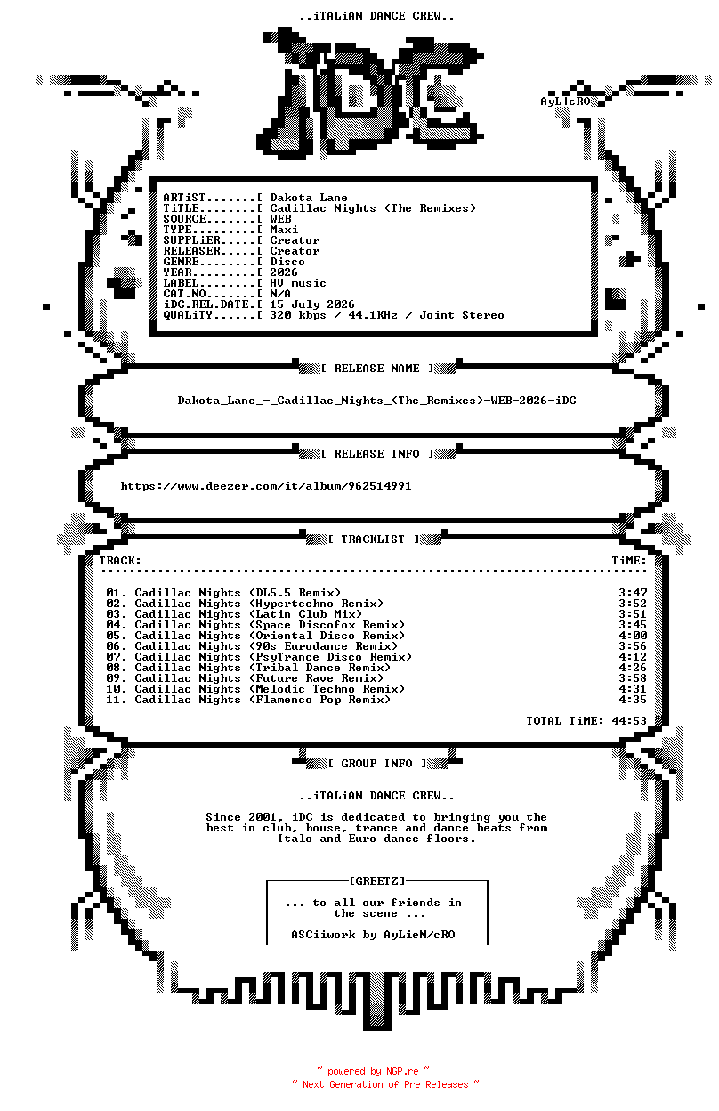 NFO for the release Dakota_Lane_-_Cadillac_Nights_(The_Remixes)-WEB-2026-iDC by iDC