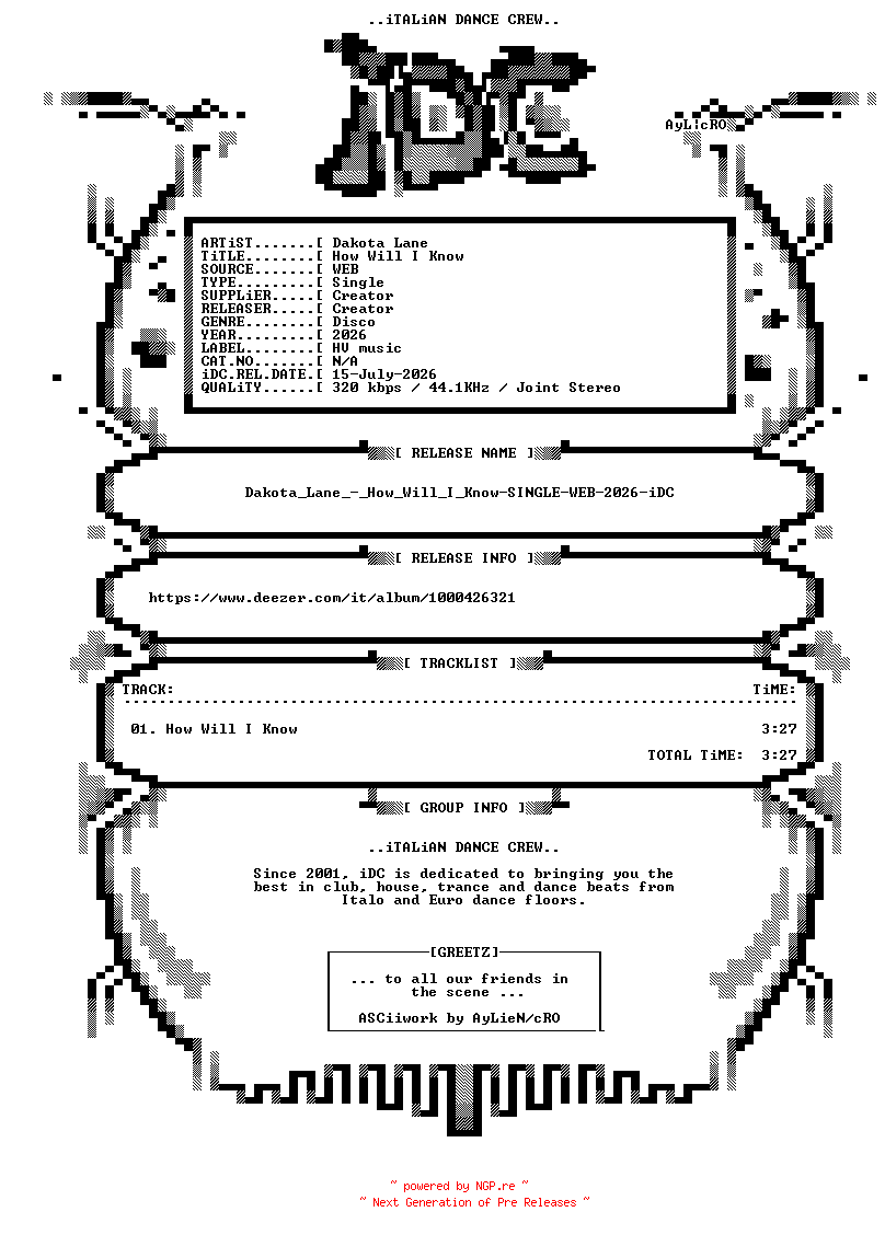 NFO for the release Dakota_Lane_-_How_Will_I_Know-SINGLE-WEB-2026-iDC by iDC