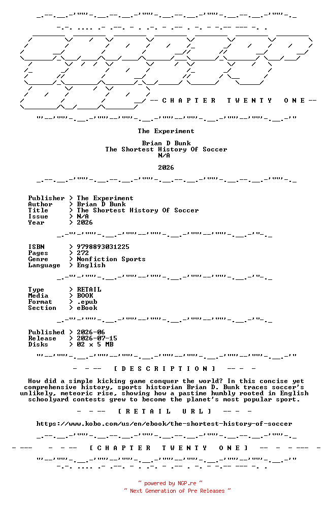 NFO for the release Brian.D.Bunk.-.The.Shortest.History.Of.Soccer.2026.RETAIL.EPUB.eBook-CTO by CTO
