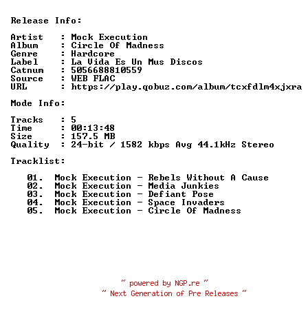 NFO for the release Mock_Execution-Circle_Of_Madness-24BIT-44KHZ-WEB-FLAC-2023-CBR by CBR