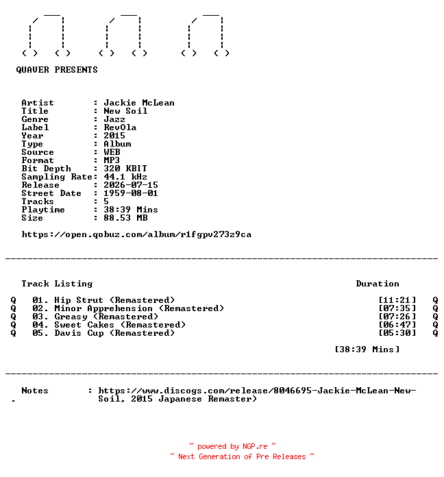 NFO for the release Jackie_McLean-New_Soil-REMASTERED-WEB-2015-QUAVER by QUAVER