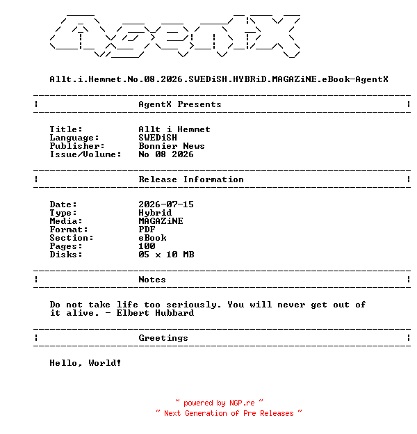 NFO for the release Allt.i.Hemmet.No.08.2026.SWEDiSH.HYBRiD.MAGAZiNE.eBook-AgentX by AgentX