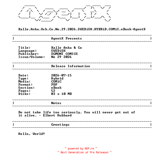 NFO for the release Kalle.Anka.Och.Co.No.29.2026.SWEDiSH.HYBRiD.COMiC.eBook-AgentX by AgentX