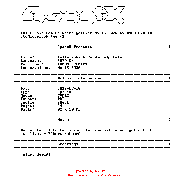NFO for the release Kalle.Anka.Och.Co.Nostalgoteket.No.15.2026.SWEDiSH.HYBRiD.COMiC.eBook-AgentX by AgentX