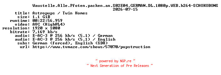 NFO for the release Waustelle.Alle.Pfoten.packen.an.S02E04.GERMAN.DL.1080p.WEB.h264-SCHOKOBONS by SCHOKOBONS