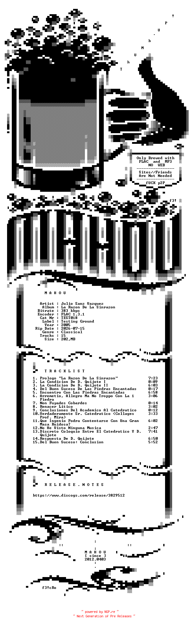 NFO for the release Julio_Sanz_Vazquez-La_Razon_De_La_Sinrazon-ES-CD-FLAC-2005-MAHOU by MAHOU
