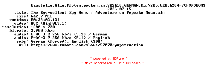 NFO for the release Waustelle.Alle.Pfoten.packen.an.S02E16.GERMAN.DL.720p.WEB.h264-SCHOKOBONS by SCHOKOBONS