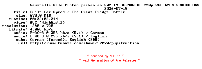 NFO for the release Waustelle.Alle.Pfoten.packen.an.S02E19.GERMAN.DL.720p.WEB.h264-SCHOKOBONS by SCHOKOBONS