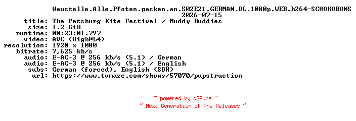 NFO for the release Waustelle.Alle.Pfoten.packen.an.S02E21.GERMAN.DL.1080p.WEB.h264-SCHOKOBONS by SCHOKOBONS