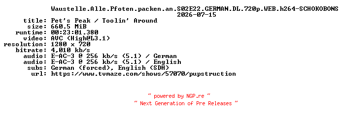 NFO for the release Waustelle.Alle.Pfoten.packen.an.S02E22.GERMAN.DL.720p.WEB.h264-SCHOKOBONS by SCHOKOBONS