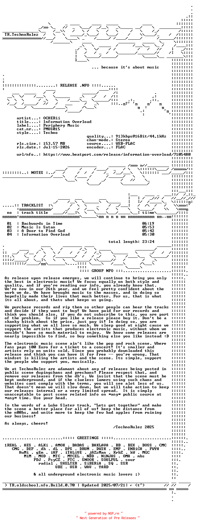 NFO for the release OCHERii-Information_Overload-(PMUS015)-16BIT-WEB-FLAC-2026-TR by TR