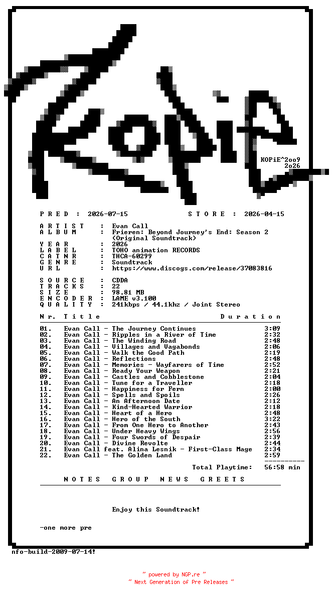 NFO for the release Evan_Call-Frieren-Beyond_Journeys_End_Season_2-OST-(17th_Birthday)-CD-2026-KOPiE by KOPiE