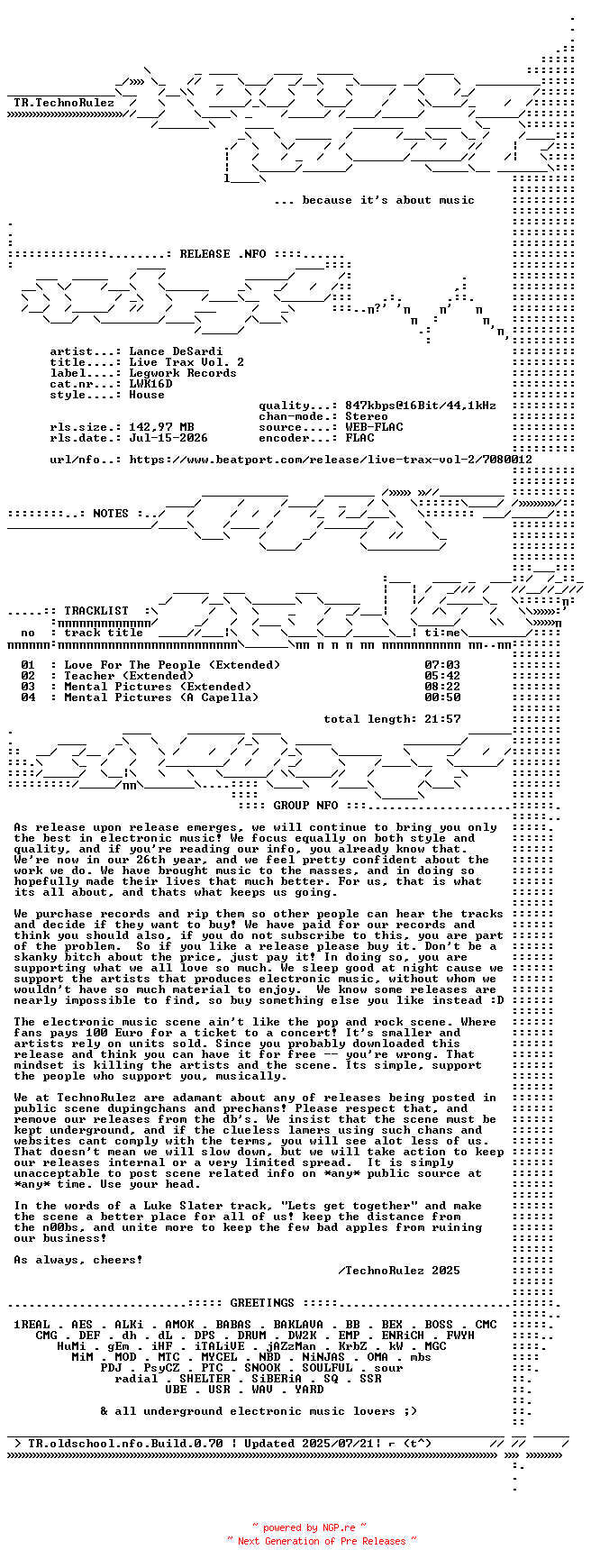 NFO for the release Lance_DeSardi-Live_Trax_Vol._2-(LWK16D)-16BIT-WEB-FLAC-2026-TR by TR