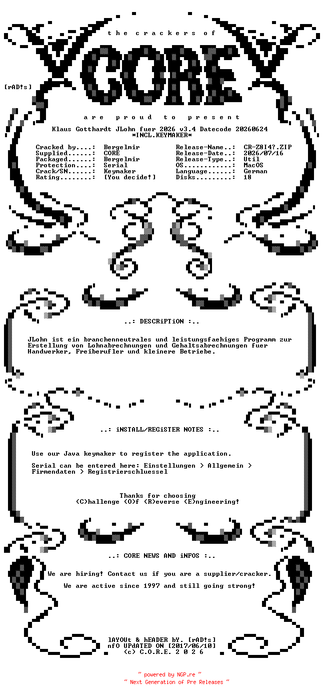 NFO for the release Klaus.Gotthardt.JLohn.fuer.2026.v3.4.Datecode.20260624.MacOS.ARM64.German.Incl.Keymaker-CORE by CORE