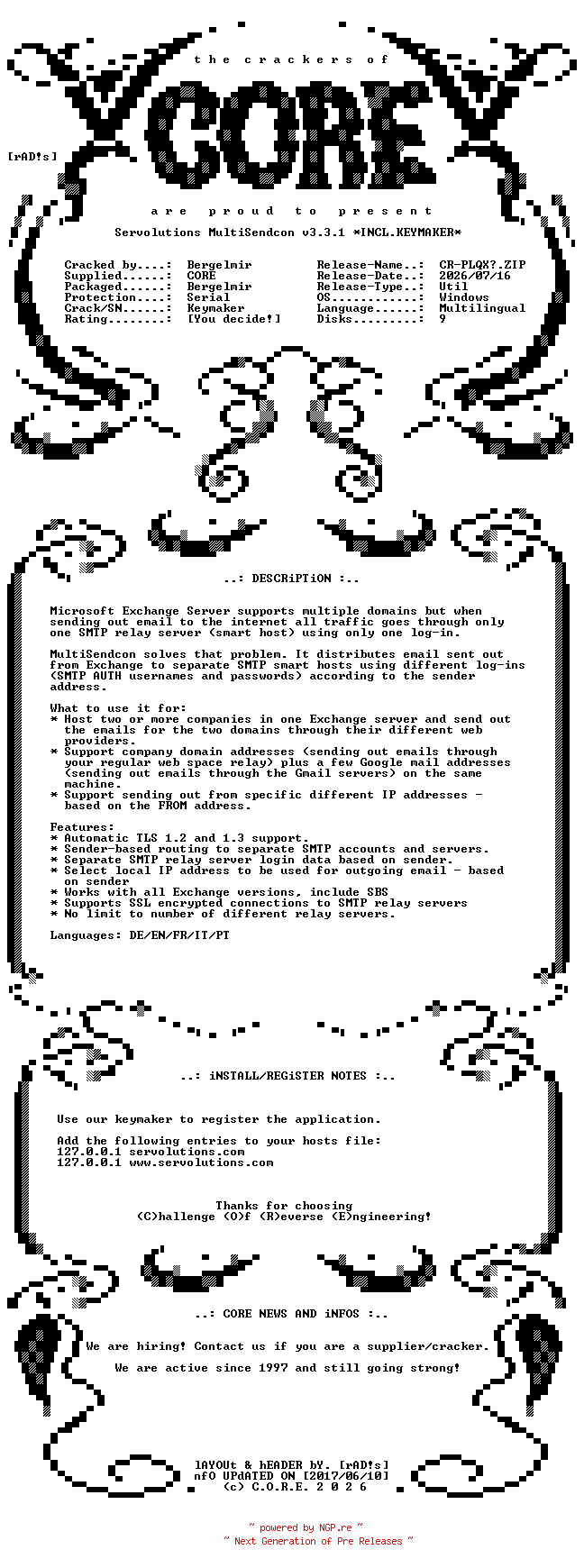NFO for the release Servolutions.MultiSendcon.v3.3.1.x64.Multilingual.Incl.Keymaker-CORE by CORE