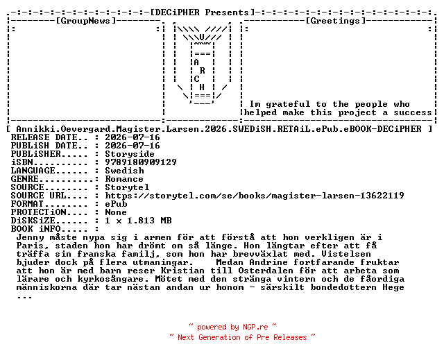 NFO for the release Annikki.Oevergard.Magister.Larsen.2026.SWEDiSH.RETAiL.ePub.eBOOK-DECiPHER by DECiPHER