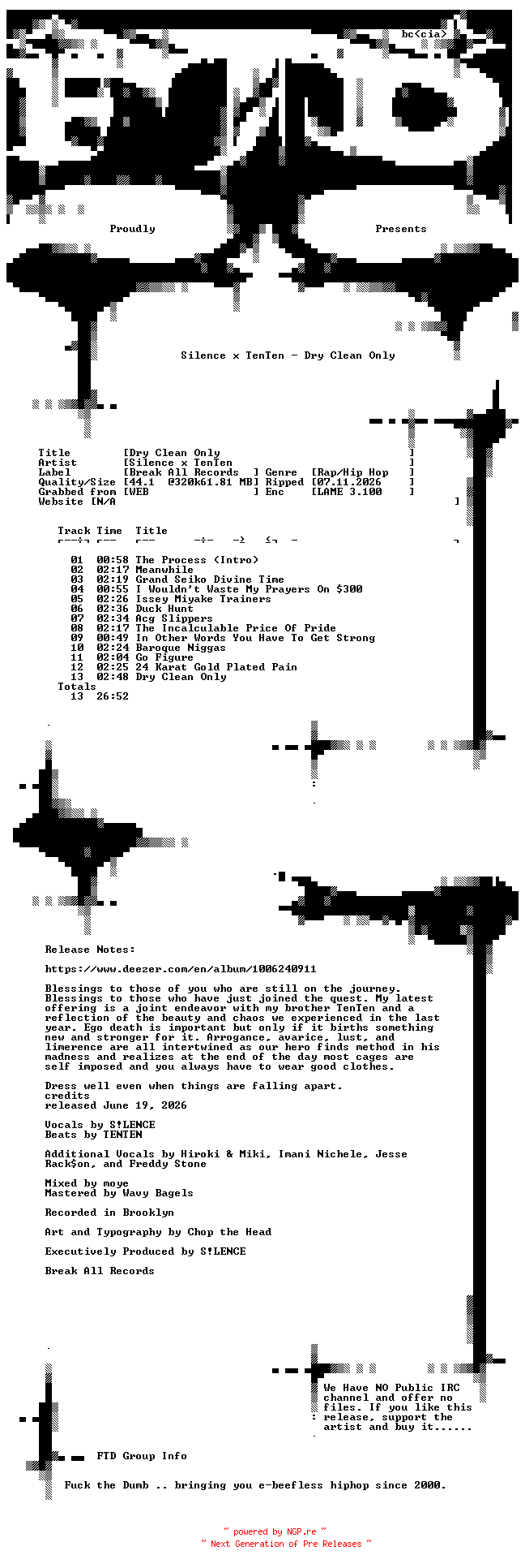 NFO for the release Silence_x_TenTen-Dry_Clean_Only-WEB-2026-FTD by FTD