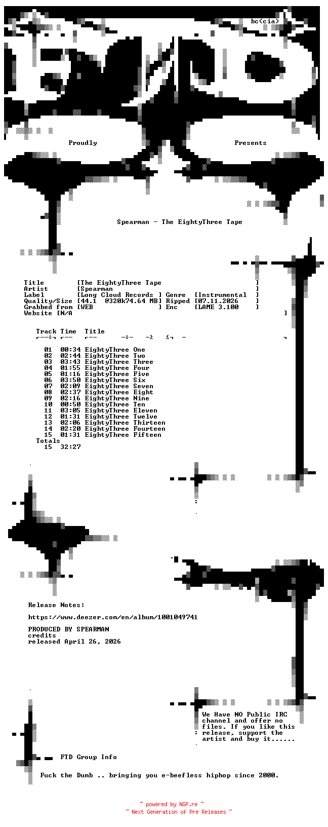 NFO for the release Spearman-The_EightyThree_Tape-WEB-2026-FTD by FTD