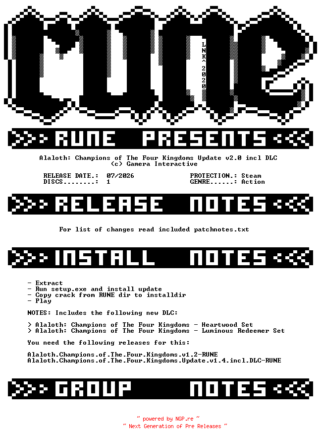 NFO for the release Alaloth.Champions.of.The.Four.Kingdoms.Update.v2.0.incl.DLC-RUNE by RUNE