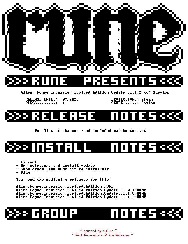 NFO for the release Alien.Rogue.Incursion.Evolved.Edition.Update.v1.1.2-RUNE by RUNE