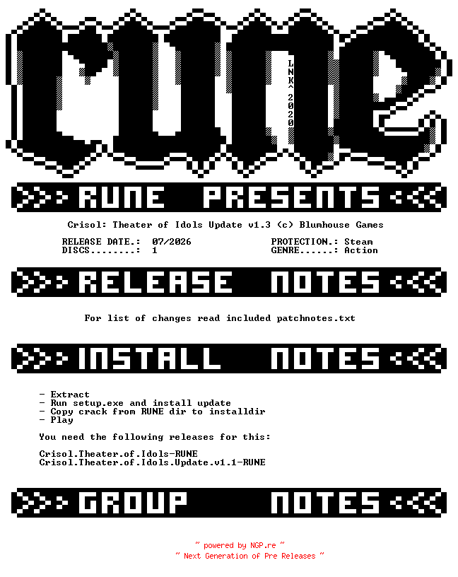 NFO for the release Crisol.Theater.of.Idols.Update.v1.3-RUNE by RUNE
