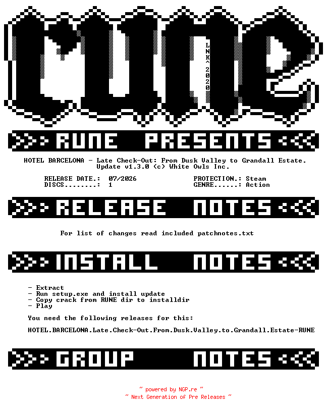 NFO for the release HOTEL.BARCELONA.Late.Check-Out.From.Dusk.Valley.to.Grandall.Estate.Update.v1.3.0-RUNE by RUNE