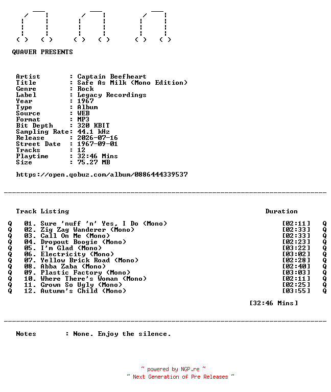 NFO for the release Captain_Beefheart-Safe_As_Milk_(Mono_Edition)-WEB-1967-QUAVER by QUAVER