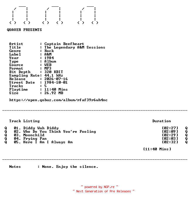 NFO for the release Captain_Beefheart-The_Legendary_AandM_Sessions-EP-WEB-1984-QUAVER by QUAVER