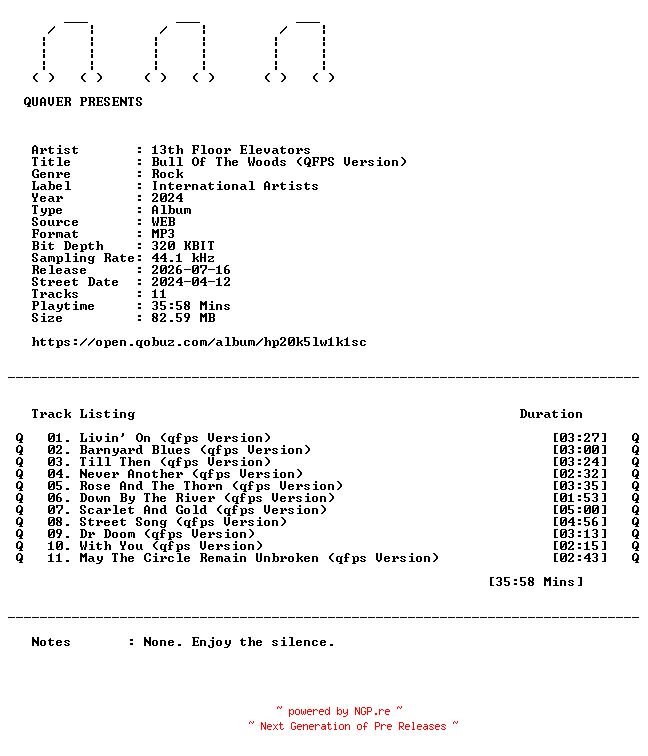 NFO for the release 13th_Floor_Elevators-Bull_Of_The_Woods_(QFPS_Version)-REMASTERED-WEB-2024-QUAVER by QUAVER