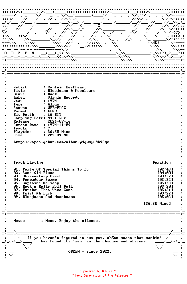 NFO for the release Captain_Beefheart-Bluejeans_and_Moonbeams-16BIT-WEB-FLAC-1974-OBZEN by OBZEN