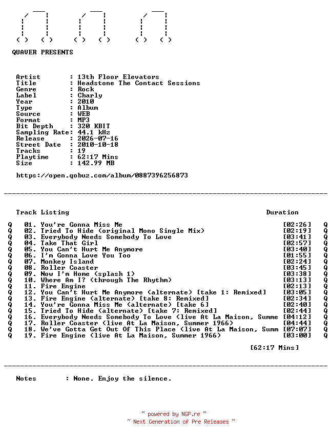 NFO for the release 13th_Floor_Elevators-Headstone_The_Contact_Sessions-WEB-2010-QUAVER by QUAVER