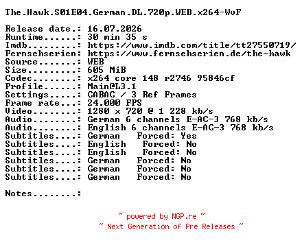 NFO for the release The.Hawk.S01E04.German.DL.720p.WEB.x264-WvF by WvF