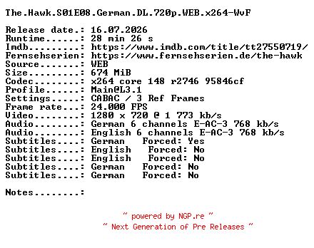 NFO for the release The.Hawk.S01E08.German.DL.720p.WEB.x264-WvF by WvF