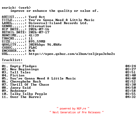 NFO for the release Yard_Act-Youre_Gonna_Need_A_Little_Music-24BIT-WEB-FLAC-2026-ENRiCH by ENRiCH