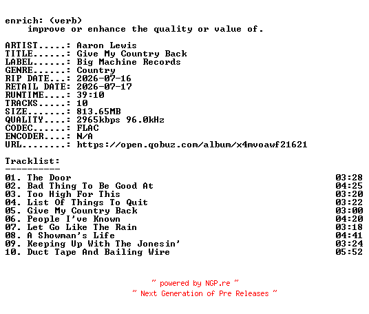 NFO for the release Aaron_Lewis-Give_My_Country_Back-24BIT-WEB-FLAC-2026-ENRiCH by ENRiCH