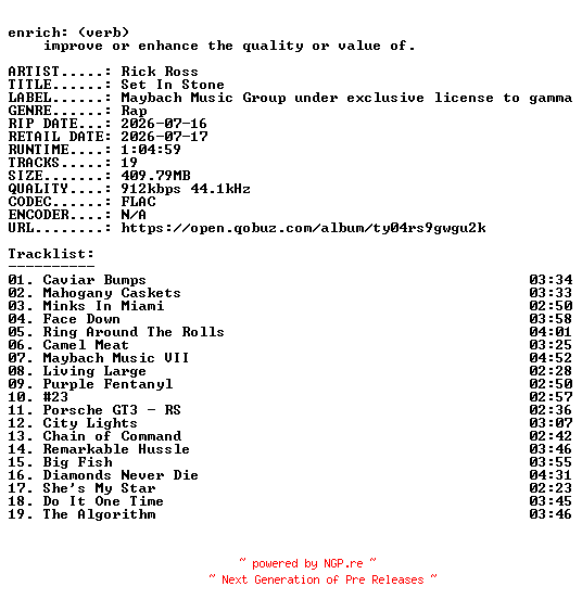 NFO for the release Rick_Ross-Set_In_Stone-16BIT-WEB-FLAC-2026-ENRiCH by ENRiCH