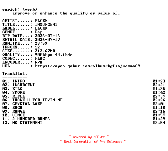 NFO for the release BLCKK-INSURGENT-24BIT-WEB-FLAC-2026-ENRiCH by ENRiCH
