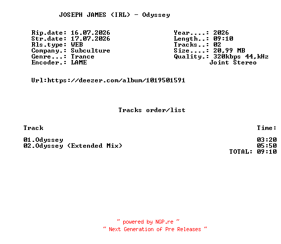 NFO for the release JOSEPH_JAMES_(IRL)_-_Odyssey-(SUBC422)-WEB-2026-FMC by FMC