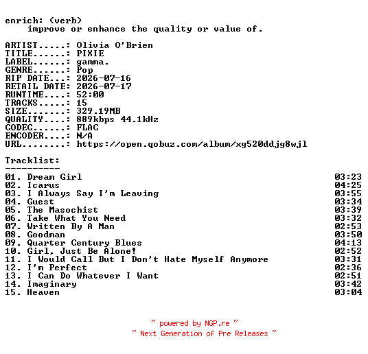 NFO for the release Olivia_OBrien-PIXIE-16BIT-WEB-FLAC-2026-ENRiCH by ENRiCH