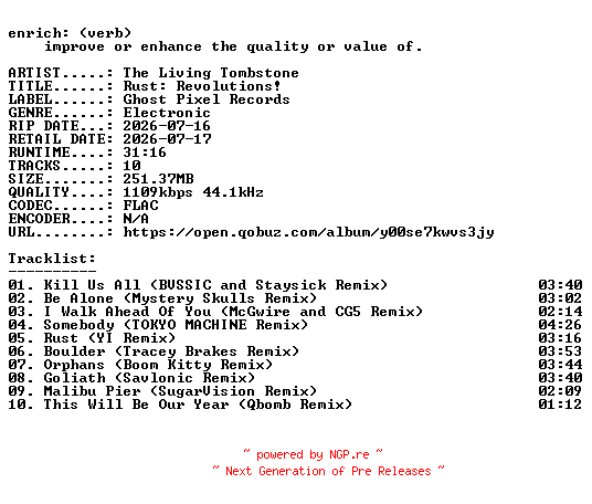 NFO for the release The_Living_Tombstone-Rust_Revolutions-16BIT-WEB-FLAC-2026-ENRiCH by ENRiCH
