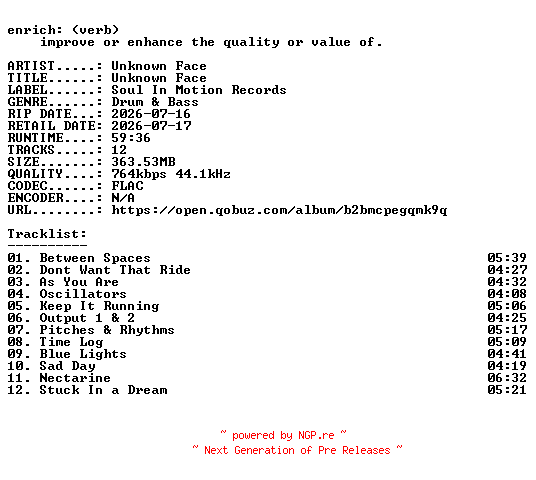 NFO for the release Unknown_Face-Unknown_Face-16BIT-WEB-FLAC-2026-ENRiCH by ENRiCH