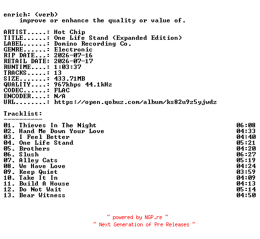NFO for the release Hot_Chip-One_Life_Stand_(Expanded_Edition)-16BIT-WEB-FLAC-2026-ENRiCH by ENRiCH