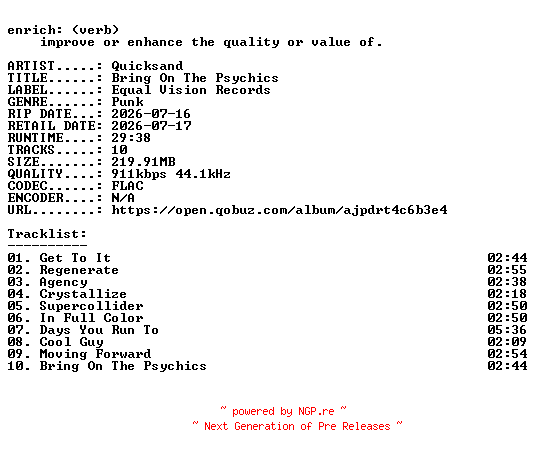 NFO for the release Quicksand-Bring_On_The_Psychics-16BIT-WEB-FLAC-2026-ENRiCH by ENRiCH