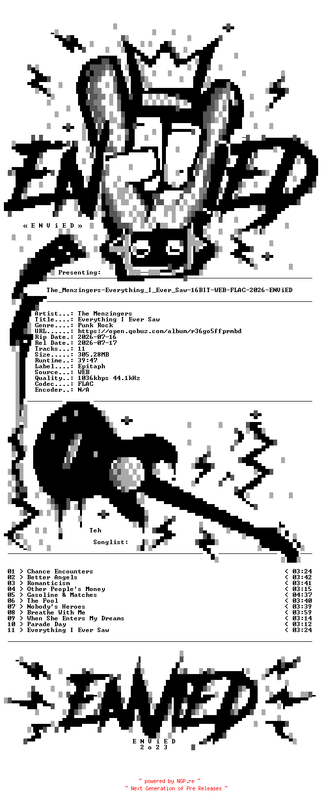 NFO for the release The_Menzingers-Everything_I_Ever_Saw-16BIT-WEB-FLAC-2026-ENViED by ENViED