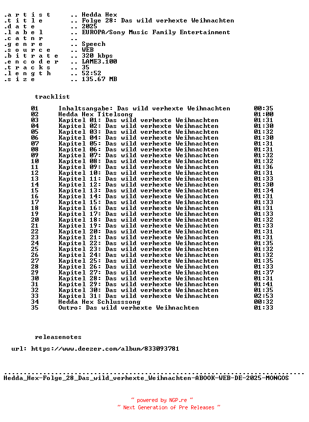 NFO for the release Hedda_Hex-Folge_28_Das_wild_verhexte_Weihnachten-ABOOK-WEB-DE-2025-MONGOS by MONGOS
