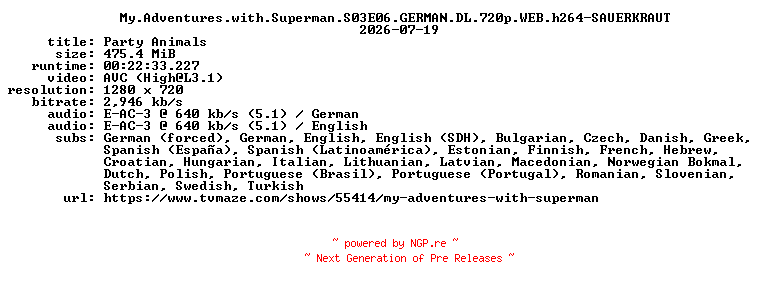 NFO for the release My.Adventures.with.Superman.S03E06.GERMAN.DL.720p.WEB.h264-SAUERKRAUT by SAUERKRAUT