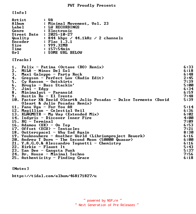NFO for the release VA-Minimal_Movement_Vol._23-16BIT-WEB-FLAC-2025-PWT by PWT