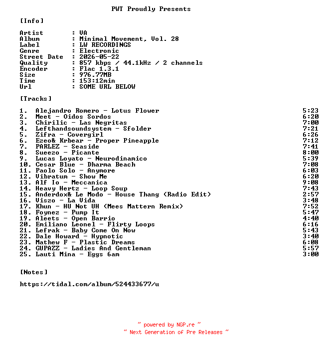 NFO for the release VA-Minimal_Movement_Vol._28-16BIT-WEB-FLAC-2026-PWT by PWT